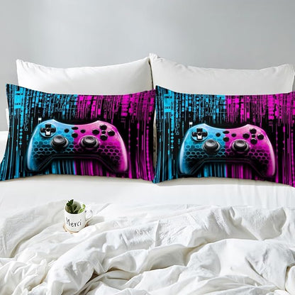 Manfei 3D Gamepad Kids Sheet King Size,Videogaming Controller Bedding Set,Boys Girls Room Decor,Modern Geometric Honeycomb Hexagon Blue Pink Fashion Bed Sheet Set 4pcs(Fitted + Flat + 2 Pillowcases)
