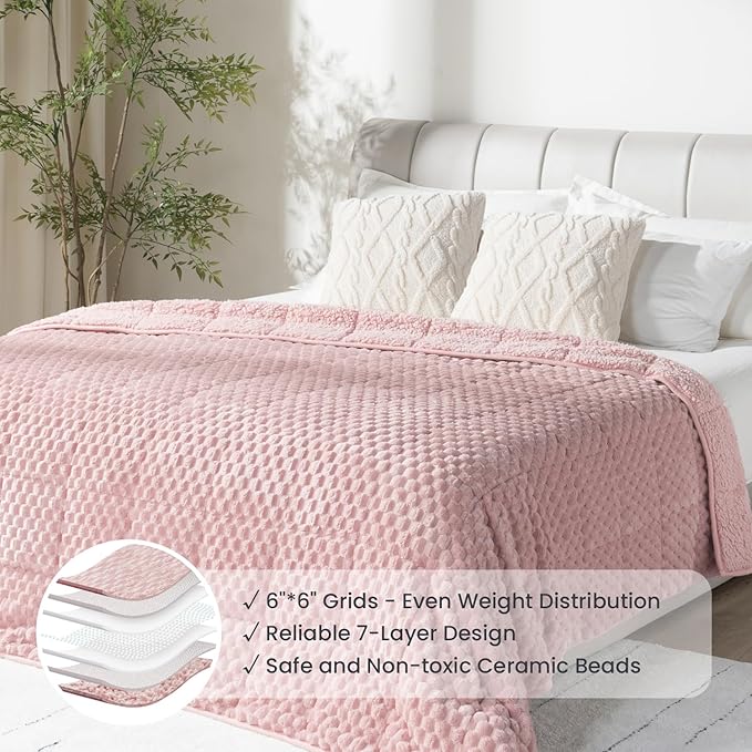 Drewin Weighted Blanket for Adults Queen Size 15lbs, Soft Cozy Turtleback Sherpa Weighted Blankets for Sleeping and Calming, Thick Bed Blanket for Couch Bed, 48 x 72 inches, Pink