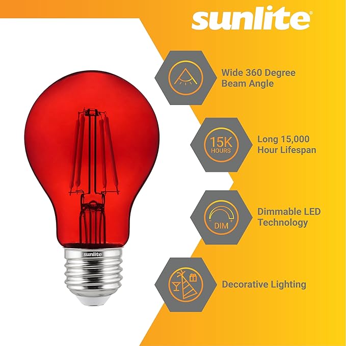 Sunlite 81082 LED Colored Filament A19 Light Bulb, 4.5 Watts, Medium E26 Base, 120 Volts, Transparent Red, Dimmable, 320 Degree Beam Angle, UL Listed, 2 Count