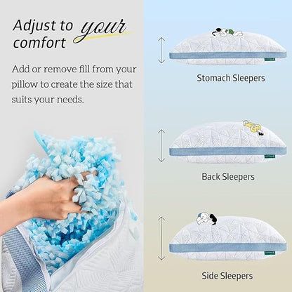BETU Cooling Standard Pillow, Shredded Memory Foam Cool Pillow for Hot Sleepers, Adjustable Firm Soft Support Bed Pillows Perfect for Back Neck Pain and Side Sleeping with Pillows Case Cover, Blue