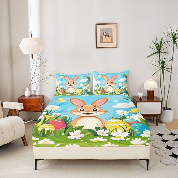 Happy Easter Bed Sheet Full Size Cartoon Rabbit Spring Flowers Bedding Set Easter Egg Kawaii Animal Fitted Sheet Kids Boys Girls Room Decor Blue Colorful Soft Sheets with 2 Pillowcase,No Top Flat