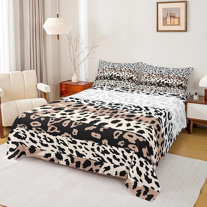 Manfei Leopard Sheet Set Full,Cow Cowhide Fur Bed Sheet 4pcs with Deep Pocket Fitted Sheet + Flat Sheet + 2 Pillowcases Animal Fur Stripes Design Soft Brown Bedding Set for Kids Teens Adult