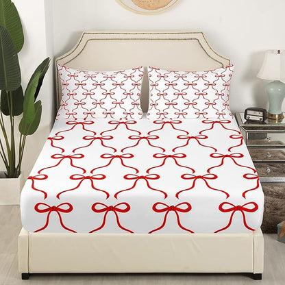 Red Bowknots Fitted Sheet Queen Size,Dreamy Bow-tie Ribbon Geometric Soft Bed Cover(1 Fitted Sheet+1 Pillow Case),Princess Fairy Tale Theme Red and White Breathable Mattress Cover
