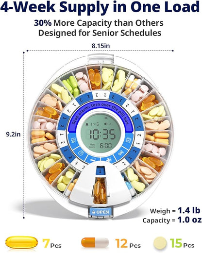 Betife 2nd Gen Automatic Pill Dispenser for Elderly with Alarm – 28 Slots, Key Locked, Alarm & Light Reminder, Mix-Proof, XL Display, 6 Dosage Rings，Easy Setup for Daily Medication
