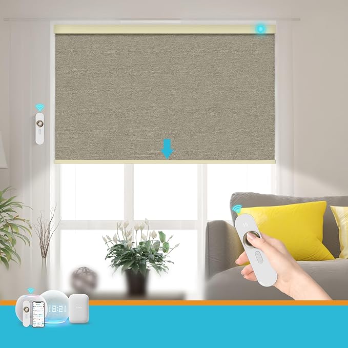Motorized Blinds with Remote, 100% Blackout Smart Blind Roller Shades Compatible with Alexa Homekit, Automatic Electric Shades for Windows Customized Size（Elegant-Khaki）