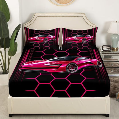 Sports Car Bed Sheet Set Home Decor Pink Race Car Sheet Sets Deep Pocket,Neon Lines Geometric Honeycomb Mattress Cover,Twin Size with 1 Pillowcase