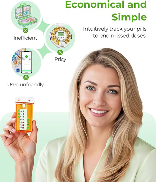 Pill Reminder for Easy Tracking Without Refills, Reusable Pill Tracker for Vairous Bottles, Arthritis-Friendly & Anti-Slide Medication Tracker, Compact Medicine Reminder for Pet Meds, Green, 2-Pack