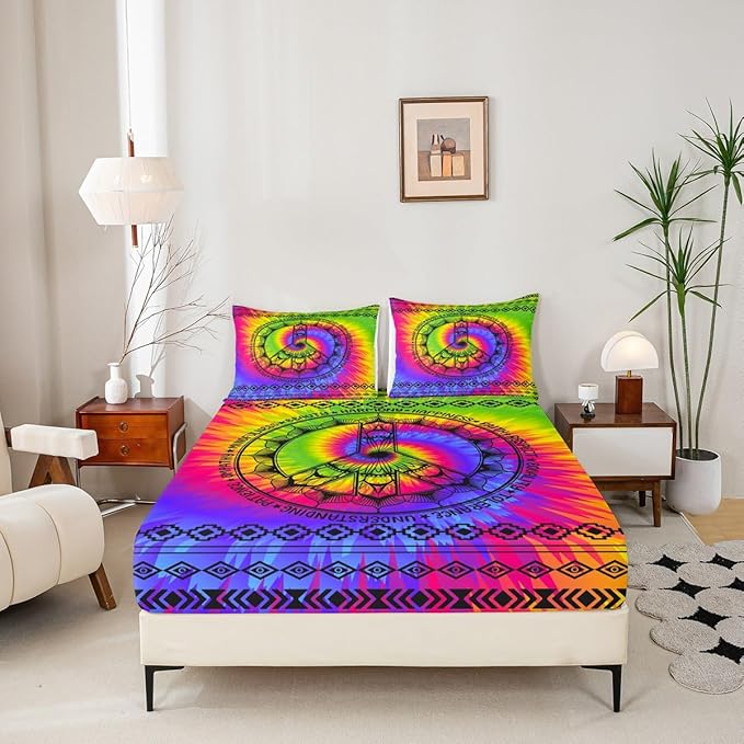 Watercolor Peace Sign Sheet Set Full Size Tie-Dye Rainbow Bed Sheet Set 4pcs with Deep Pocket Fitted Sheet + Flat Sheet + 2 Pillowcases Boho Exotic Style Soft Bedding Set for Kids Teens Room Decor
