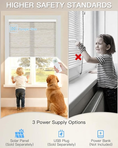 Motorized Light Filtering Roller Shades with Remote Control, Smart Blinds for Windows Work with Alexa Google via Hub, Rechargeable Electric Window Shade Customized Size (Texture Light Coffee)