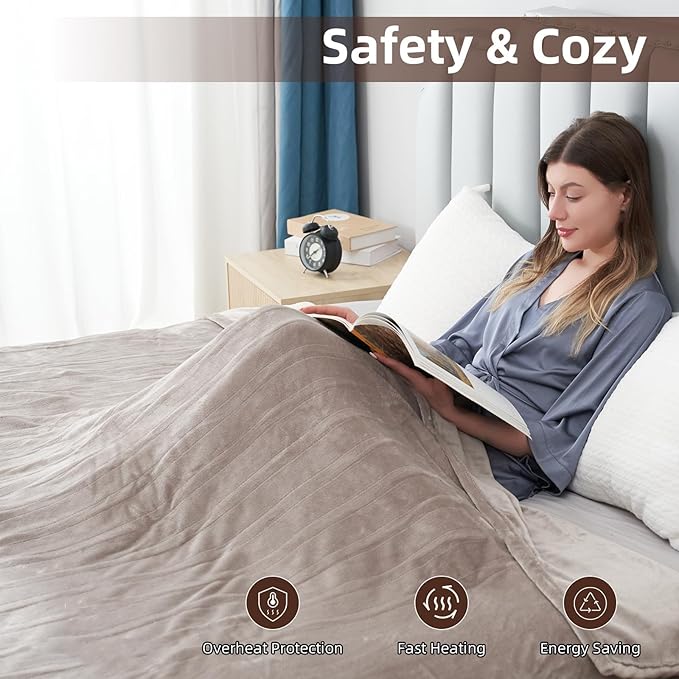 Electric Heated Blanket Twin Size 62"x84", Fast Heating Throw, Soft Plush Microplush for Bed & Couch, 1-10 Hours Auto Off & 6 Heating Levels, Machine Washable, Gifts for Grandma & Family-Camel