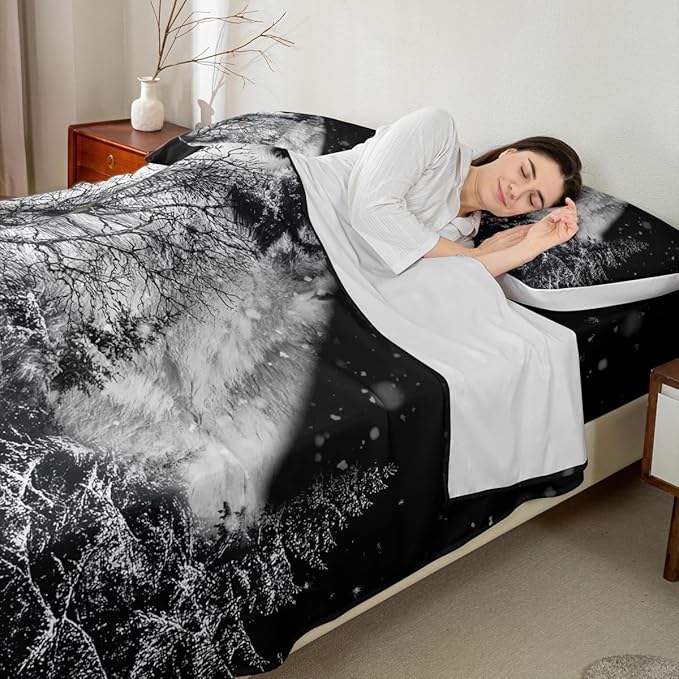 Manfei Wolf Sheet Queen,Winter Pine Bed Sheet Set 4pcs with Deep Pocket Fitted Sheet + Flat Sheet + 2 Pillowcases Plant Animal Theme Black Soft Bedding Set for Kids Teenss Room Decor,Black