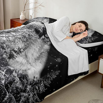 Manfei Wolf Sheet Queen,Winter Pine Bed Sheet Set 4pcs with Deep Pocket Fitted Sheet + Flat Sheet + 2 Pillowcases Plant Animal Theme Black Soft Bedding Set for Kids Teenss Room Decor,Black