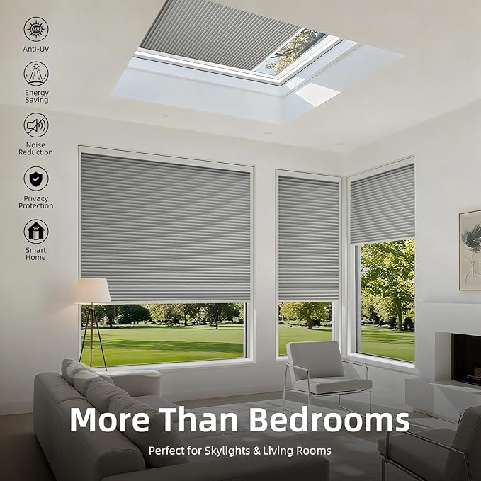 ZSTARR Motorized Skylight Shades Blackout Cellular Honeycomb Electric Blinds with Solar Panel Cordless Rechargeable with Remote for Roof and Slanted Windows Custom Size (BO Printed Greyscale)