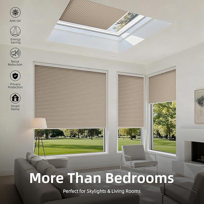 ZSTARR Motorized Skylight Shades Blackout Cellular Honeycomb Electric Blinds with Solar Panel Cordless Rechargeable with Remote for Roof and Slanted Windows Custom Size (BO Printed Vanilla Fawn)