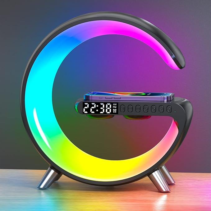 2026 New Wireless Speaker Charger, App Control Smart Alarm Clock LED Table Lamp Bluetooth Speaker Atmosphere Bedside Light with Wireless Charging Station,Alarm Clock Lamp Christmas Gift
