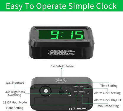 KWANWA 1.2 Inch Small Digital Alarm Clock, Green LED Display with Adjustable Brightness & Night Mode, Battery Operated Portable Desk Clock, for Bedroom, Travel, Kids, Wall Mount (Snooze, 12/24H)