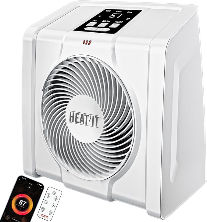 HEATIT Space Heater with Remote for Indoor, Digital Display with Thermostat，Containing Plasma & Ozone,1-12H Timer, 1500W/750W, Electric Space Heater for Office, Bedroom,White,10.6"Dx7.0"W x 11.8"H