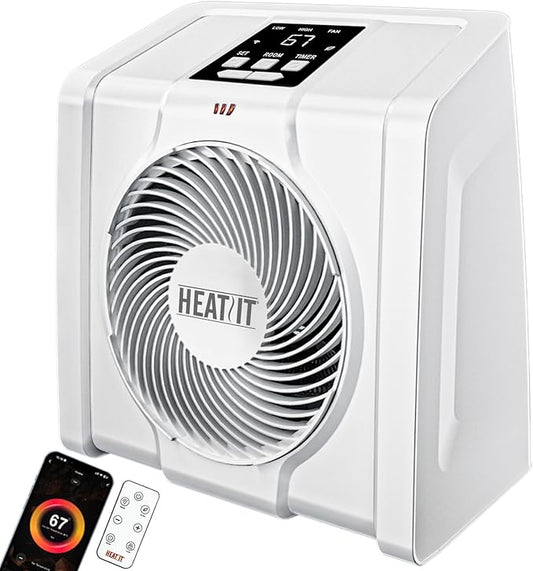 HEATIT Space Heater with Remote for Indoor, Digital Display with Thermostat，Containing Plasma & Ozone,1-12H Timer, 1500W/750W, Electric Space Heater for Office, Bedroom,White,10.6"Dx7.0"W x 11.8"H