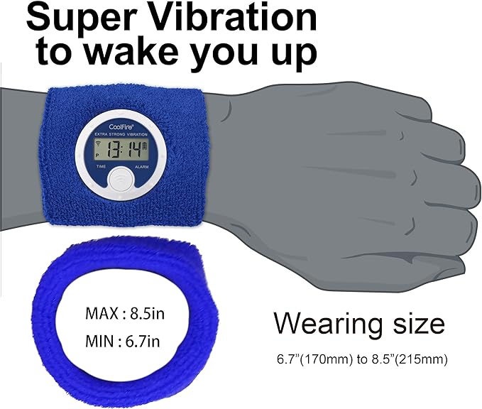 Coolfire Vibrating Alarm Clock Wristband, Silent Wake-Up Watch for Heavy Sleepers, Won’t Disturb Partner, Couples/Roommates, Deaf/Hearing Impaired, 4 Alarms, Bluetooth App, Rechargeable (Blue)