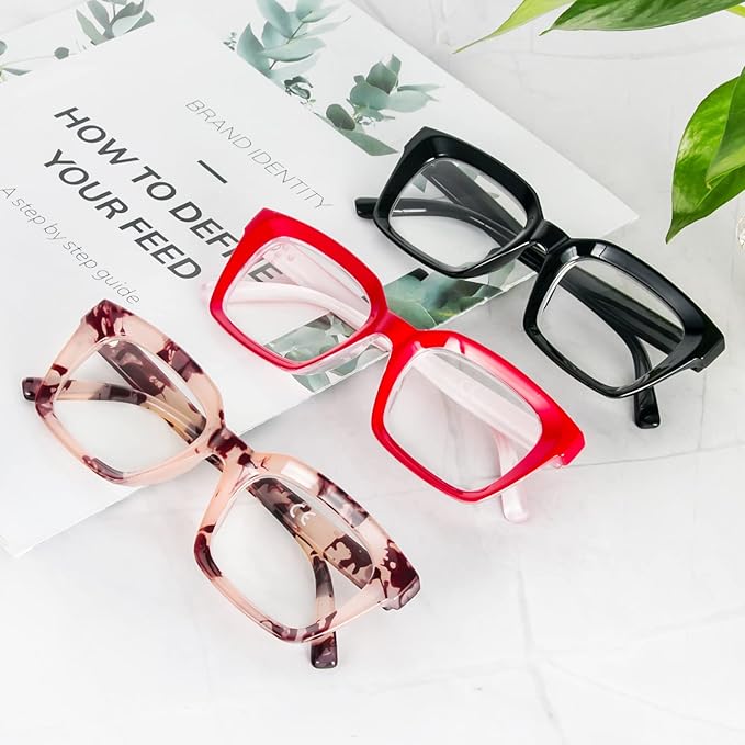 REAVEE 3 Pack Oprah Style Oversized Reading Glasses for Women Men Blue Light Blocking, Ladies Stylish RetroSquare Large Computer Readers (Black/Red/Pink Leopard 2.5x)