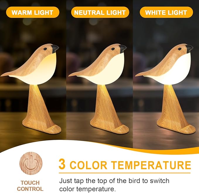 Cute Bird Table Lamp with Timer, Touch Bedside Lamp, Brid Night Light, Cordless Small Desk Lamps Battery Operated Nightstand Lamps, 3-Way Dimmable Light, Rechargeable Decorative Desk Lamp