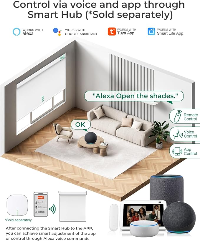Allesin No Drill Motorized Blinds with Remote | Rechargeable Smart Blackout Roller Shades, Cordless Electric Window Blinds for Bedroom, Living Room, Home Office, White 33.5x72 Inches