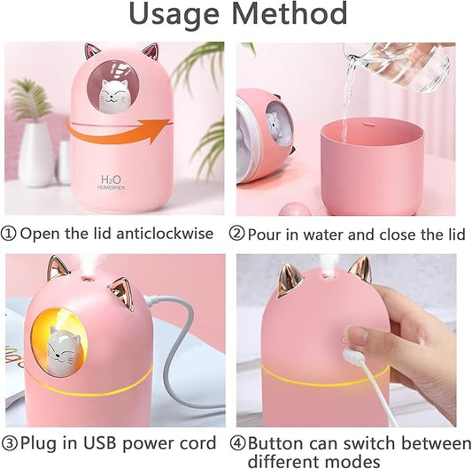 Cute Portable Pink Cool Mist Humidifier with 6 Pcs Filter Cotton Sticks, 7 Color Night Light, USB, for Bedroom, Office, Desk, Car, Travel