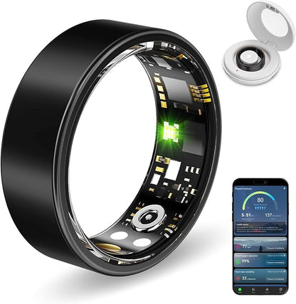 Smart Health Rings for Women Men, Fitness Tracker with Heart Rate, Blood Oxygen, HRV, Sleep Tracker, Step Tracker, No Subscription Fee, IP68 Waterproof Smart Ring for iphone & Android(Black, 9）
