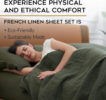 YnM French Linen Sheet Set - 3-Piece Set Includes Flat Sheet, Fitted Sheet, and 1 Pillowcases – Twin, Army Green