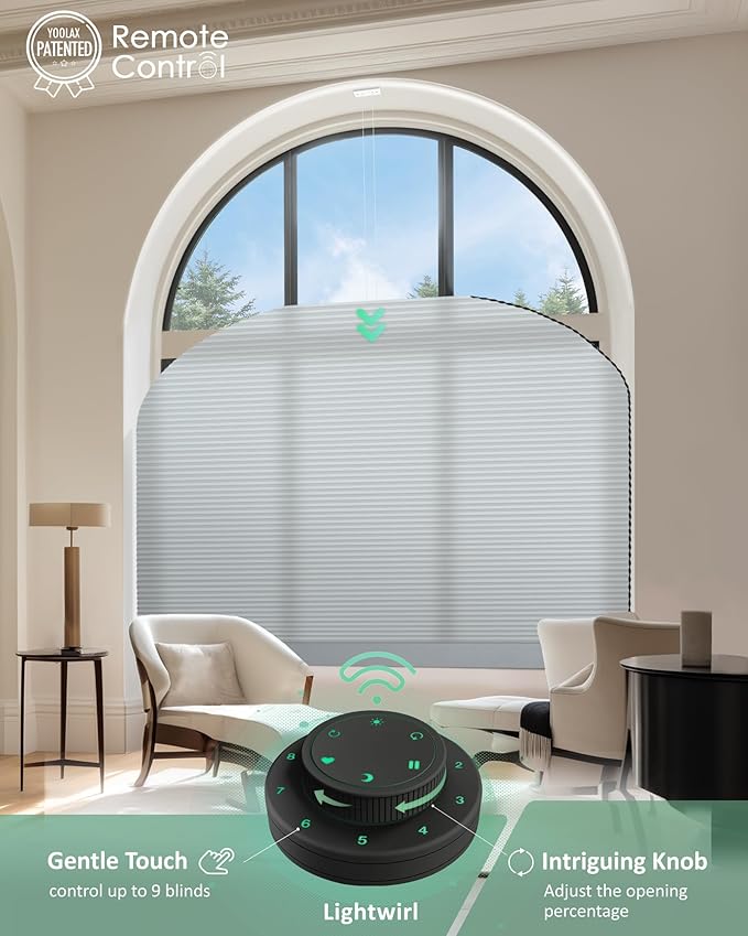 Yoolax Smart Cellular Shades, Motorized Elongated Arch Honeycomb Blinds Motorized Blinds with Remote Compatible with Alexa, Customized Elongated Arch Cellular Shades (Half Shading Pearl)