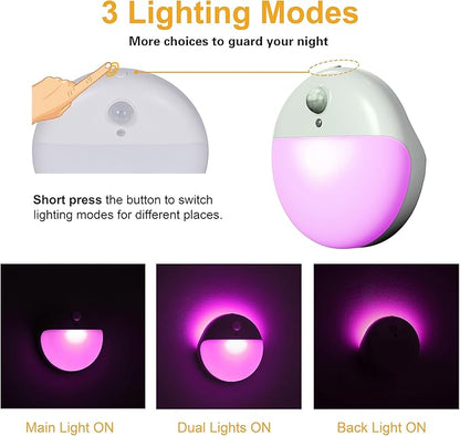 2 Pack Purple Battery Night Light, Motion Activated Night Light, 2.6" Small Sticky Lights, 3 Light Modes, Dimmable Calming Glow for Meditation, Relaxation, Bathroom, Bedroom, Travel, Violet