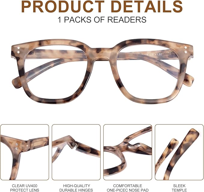 Reading Glasses for Men Women Blue Light Blocking with Spring Hinge, Blocking Readers Anti UV Ray Filter Eyeglasses, Square Computer Reader Glasses, Amber Tortoiseshell, +3.0