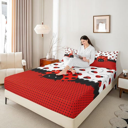 Manfei Ladybug Kids Sheet Queen Size,Red Black Ladybird Beetle Insect Rustic Girls Boys Bedding Set Decor,Geometric Polka Dots Abstract Cartoon Bed Sheet Set 4pcs(Fitted + Flat + 2 Pillowcases)