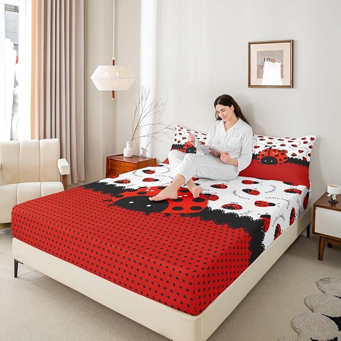 Manfei Ladybug Kids Sheet Full Size,Red Black Ladybird Beetle Insect Rustic Girls Boys Bedding Set Decor,Geometric Polka Dots Abstract Cartoon Bed Sheet Set 4pcs(Fitted + Flat + 2 Pillowcases)