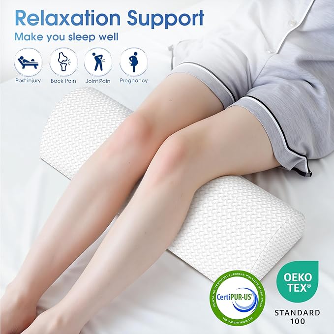 Knee Pillow for Back Sleeping Memory Foam Half Moon Bolster Pillow for Legs, Under Knee Support, Ankle & Foot Comfort Orthopedic Pillow for Side Sleepers (White, 20.4" x 8" x 4.9")