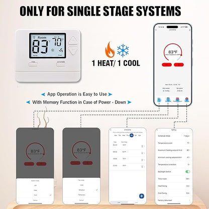 WiFi Thermostats for Home Single-Stage 1Heat/ 1Cool, APP Remote Control, 7-Day or 0-Day Programmable. (C-Wire Required)