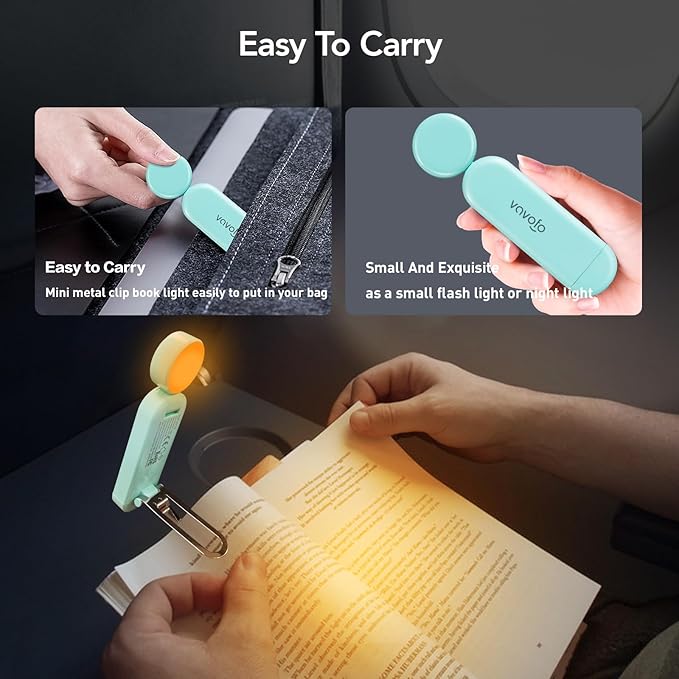 VAVOFO USB Rechargeable Book Light, Blue Light Blocking, Amber Light Clip On Bookmark Shaped Reading Light, Eye Care 6 LEDs Book Light for Bookworms Reading in Bed with 9 Lighting Modes (Powder Green)