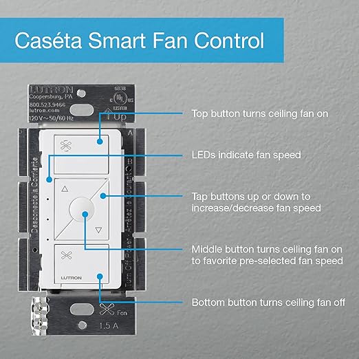 Lutron Caseta Smart Fan Speed Control Switch (Smart Hub Required), Single-Pole Lutron Caseta Switch for Fans, PD-FSQN-WH, White