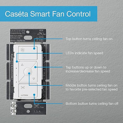 Lutron Caseta Smart Fan Speed Control Switch (Smart Hub Required), Single-Pole Lutron Caseta Switch for Fans, PD-FSQN-WH, White