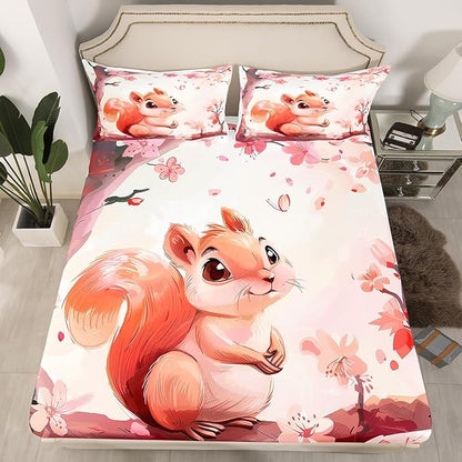 Lovely Squirrel Kids Fitted Sheet Queen Size,Japanese Ukiyo-e Cherry Blossom Bedding Set,Girls Women Room Decor,Cartoon Jungle Animal Rustic Bed Cover,Brown Pink Bed Sheet,2 Pillowcases