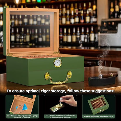 Cigar Humidor Box - Spanish Cedar Small Table Top Humidors for 20-50 Cigars with Accessories and Humidifier - Storage Drawer - Stylish Desktop Cigar Holder for Men - Portable Travel Case Emerald Green