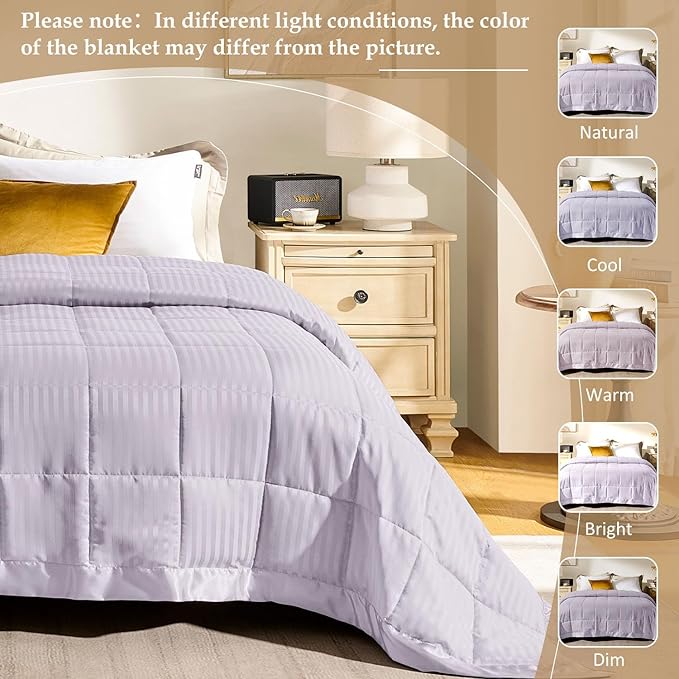 downluxe Queen Size Blanket with Satin Trim, Lightweight Down Alternative Blankets Queen Size for All Season, Machine Washable (Lilac, 90x90 Inch)