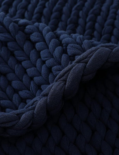 YnM 100% Cotton Weighted Blanket, Handmade Chunky Knitted Throw, No fillers Design, Soft and Breathable, Machine Washable Bed Blanket for Sleep or Home Decor (Navy Blue, 50x60 Inch, 15lbs)