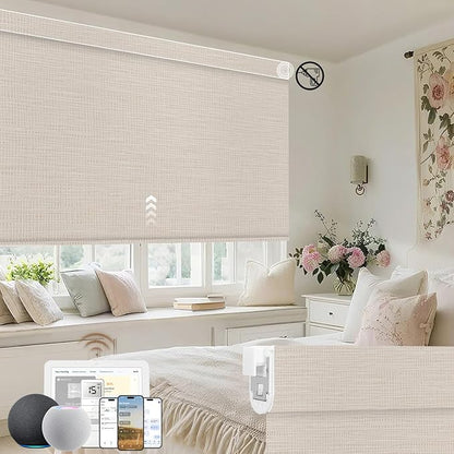 Kincmo No Drill Motorized Blinds with Remote, 100% Blackout Roller Shades for Windows, Custom Electric Blinds Compatible with Alexa, Apple Homekit, Google Home (100% Blackout Weave Beige)