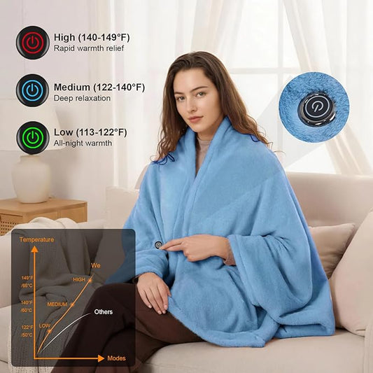 16000mAh Heated Blanket Battery Operated Soft Cordless Heated Blanket Shawl Portable Heated Throw Blanket Poncho Wraps Fast Heating with 3 Heat Levels 6 Heating Zones