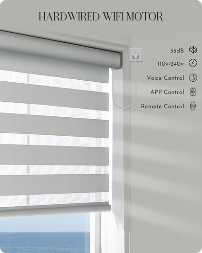 Graywind Motorized Blinds with Remote, Smart Zebra Shades for Windows, Hardwired Roller Blinds Compatible with Apple Homekit, Alexa, Google Home, Custom Size, Luxury Silver White