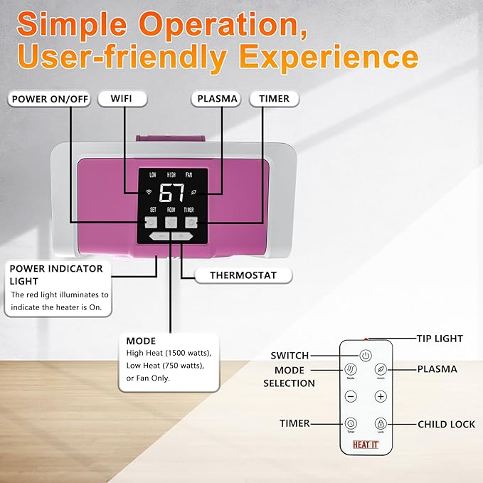 HEATIT Space Heater with Remote for Indoor, Digital Display with Thermostat,Containing Plasma & Ozone, 1-12H Timer, 1500W/750W,Electric Space Heater for Office, Bedroom,Pink,10.6"Dx7.0"W x 11.8"H