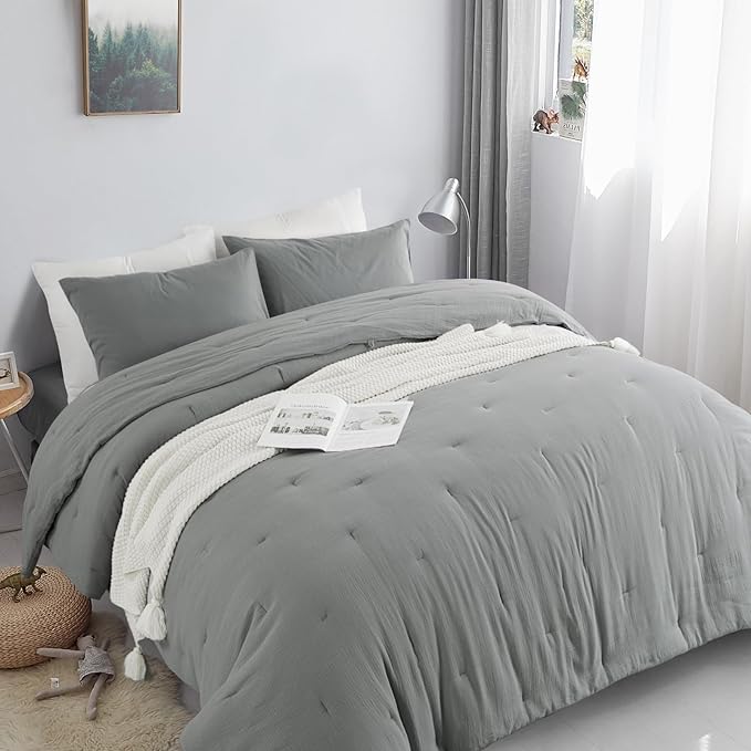 HOMBYS 100% Cotton Muslin Comforter Oversized King 120x120, Lightweight and Breathable Down Alternative Comforter,Soft Gauze Summer Light Grey Reversible Fluffy Duvet Insert