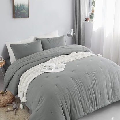 HOMBYS 100% Cotton Muslin Comforter Oversized King 120x120, Lightweight and Breathable Down Alternative Comforter,Soft Gauze Summer Light Grey Reversible Fluffy Duvet Insert