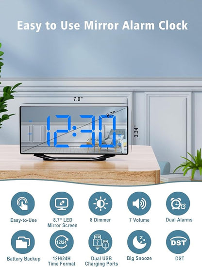 Alarm Clock for Bedroom,8.7"Big Display Digital LED Mirror Clock with 2 Alarms,Adjustable Dimmer&Volume,USB Phone Charger,Plug in Loud Basic Alarm Clock for Deep Sleeper Adult Kid Senior Teen Boy Girl